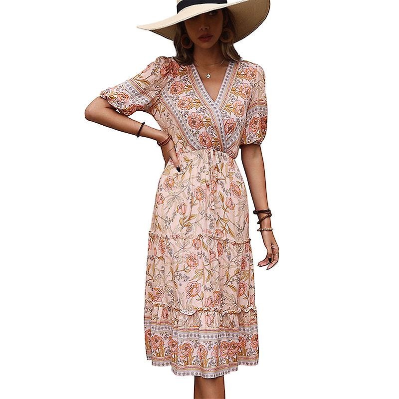 New Retro Women’s Dress Pink Wood Ear Print V-neck Mid-length Dress | Fruugo SG