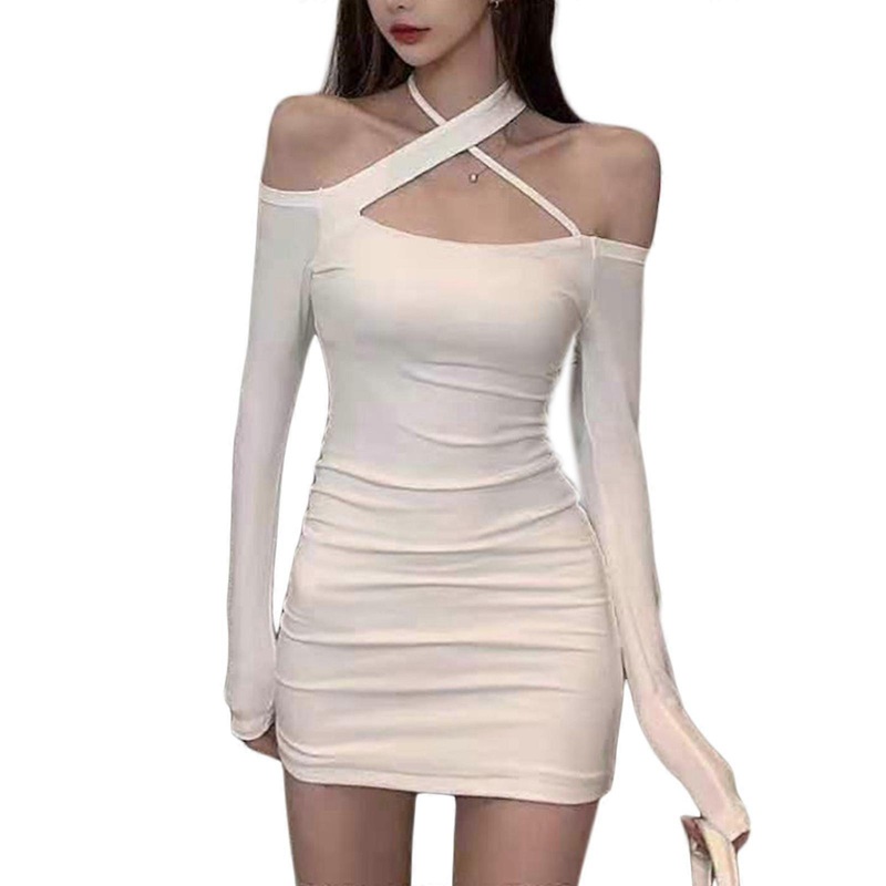 Summer Nightclub Off Shoulder Fashion Sexy Halter Neck Bodycon Dress Ladies Long Sleeve Evening Party Prom Slim Dresses  White One Size | Fruugo SG