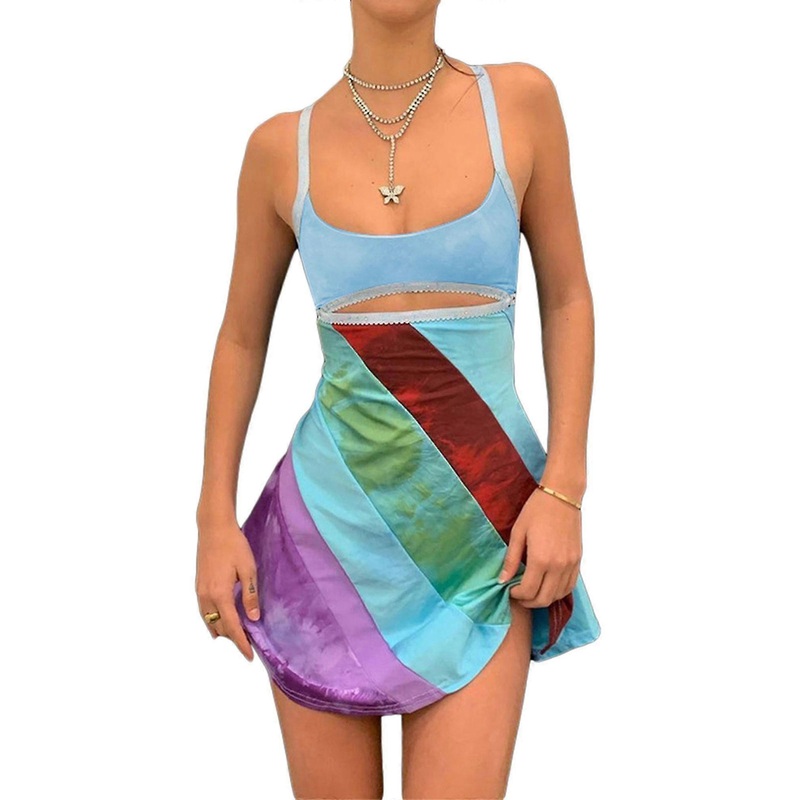 Vintage Cami Dress For Women Retro Bodycon Mini Dresses Fashion Colorful Striped Print Fitted Strap Dress | Fruugo SG