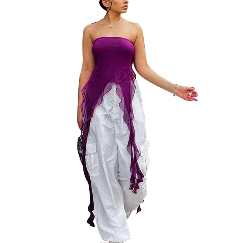 Women Asymmetrical Hem Tube Top Flowy Sleeveless Streetwear Pure Color Strapless Top | Fruugo SG