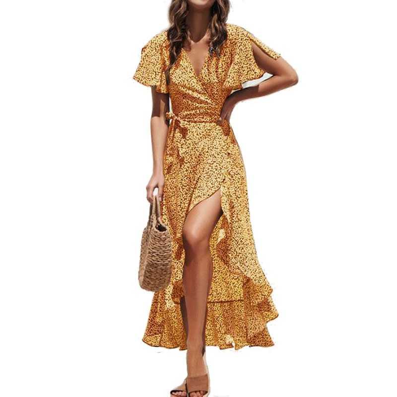 Women Bohemian Dress Vintage Swing Dresses Short Sleeve Vacation Dress Elegant Dress Long Dress Floral Maxi Party Dress  Yellow S | Fruugo SG