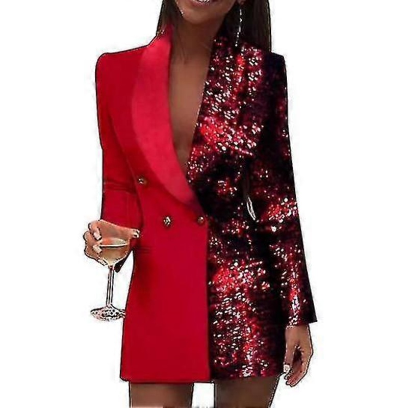 Women Fashion Colorblock Sequins Long Sleeve Double Breasted Bodycon Blazer | Fruugo SG