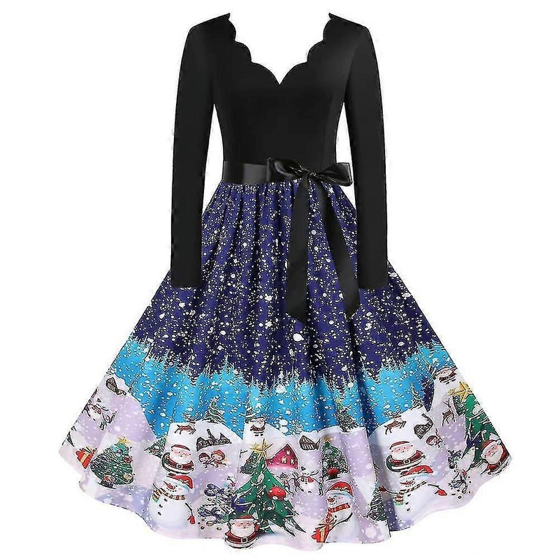 Women Ladies Christmas Retro Style Xmas Printed Dress Casual Long Sleeve V Neck Bow Knot A-line Dresses-c | Fruugo SG