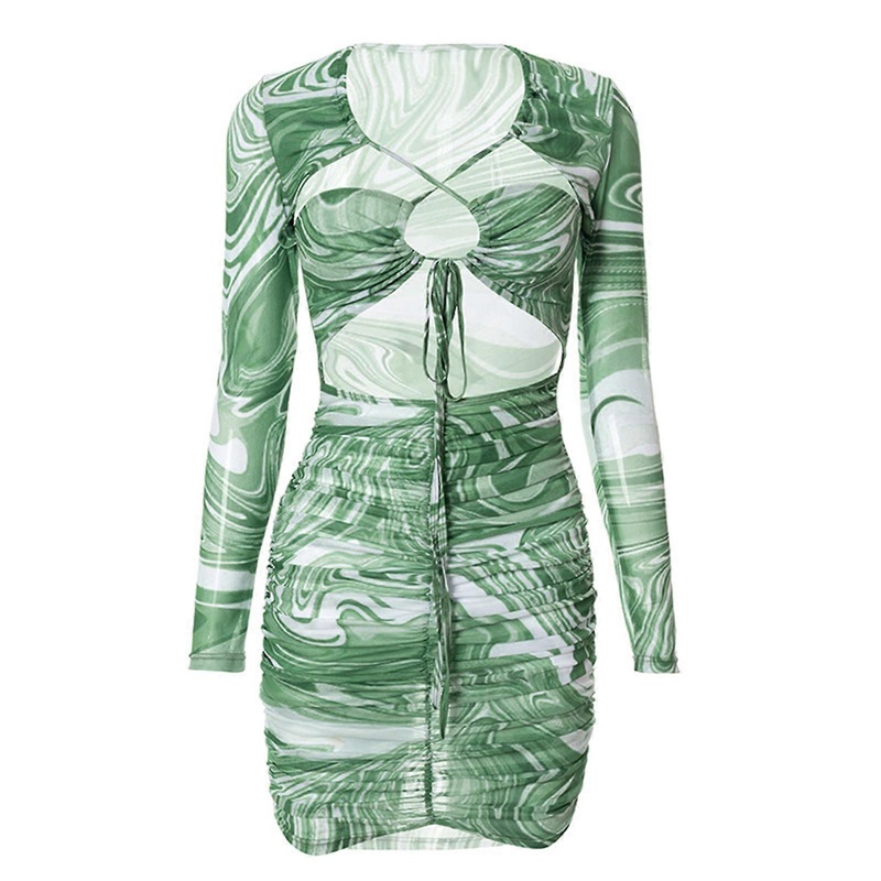 Women Long Sleeve Green Striped Print for Cross Lace-Up Front Ruched Mini Bodycon Dress Sexy Cut Out High Waist Package Hip Pleated Party Clubwear  S | Fruugo SG