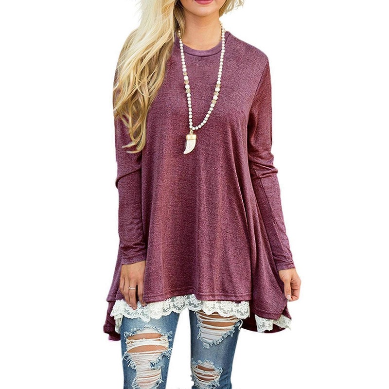 Women Long Sleeve Loose T-Shirt Dress O-Neck Lace Hem A-Line Swing Tunic Tops  Burgundy XL | Fruugo SG
