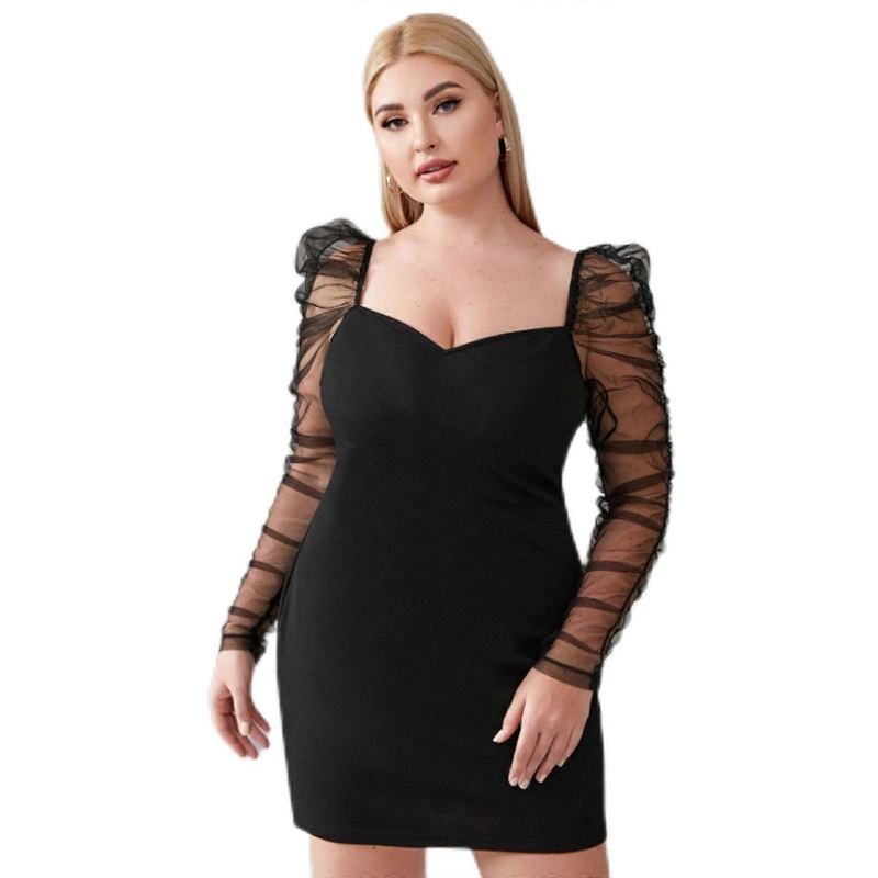 Women Plus Size Ruched See Through Sheer Mesh Long Sleeve Bodycon Mini Dress Sexy Square Neck Package Hip A-Line Cocktail Party Clubwear  Black XL | Fruugo SG