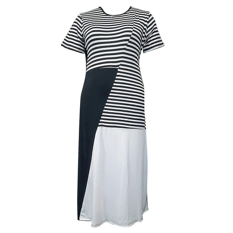 Women Plus Size Short Sleeve Round Neck Maxi Dress Colorblock Asymmetrical Striped Print Flare Hem A-Line Loose Sundress  Black XL | Fruugo SG