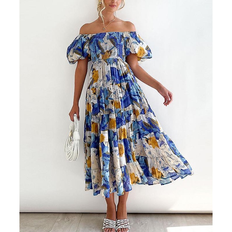 Women’s 2024 Summer Casual Boho Beach Dress One Shoulder Puff Sleeve A Line Dresses | Fruugo SG