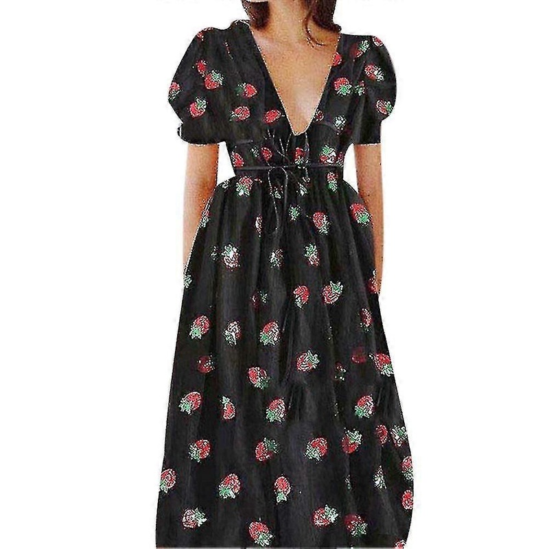 Women’s Fashion Strawberry Print Deep V Short Sleeve Mesh Cocktail Party Dress | Fruugo SG
