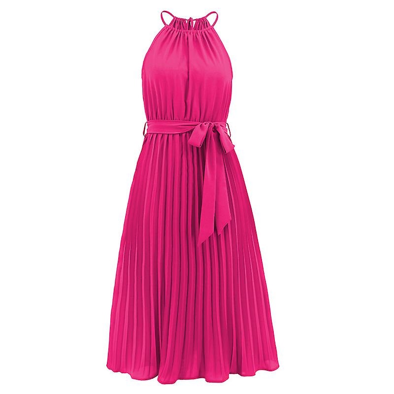 Women’s Pleated Halter A-line Dress Summer Casual Sleeveless Belted Swing Cocktail Midi Dresses | Fruugo SG