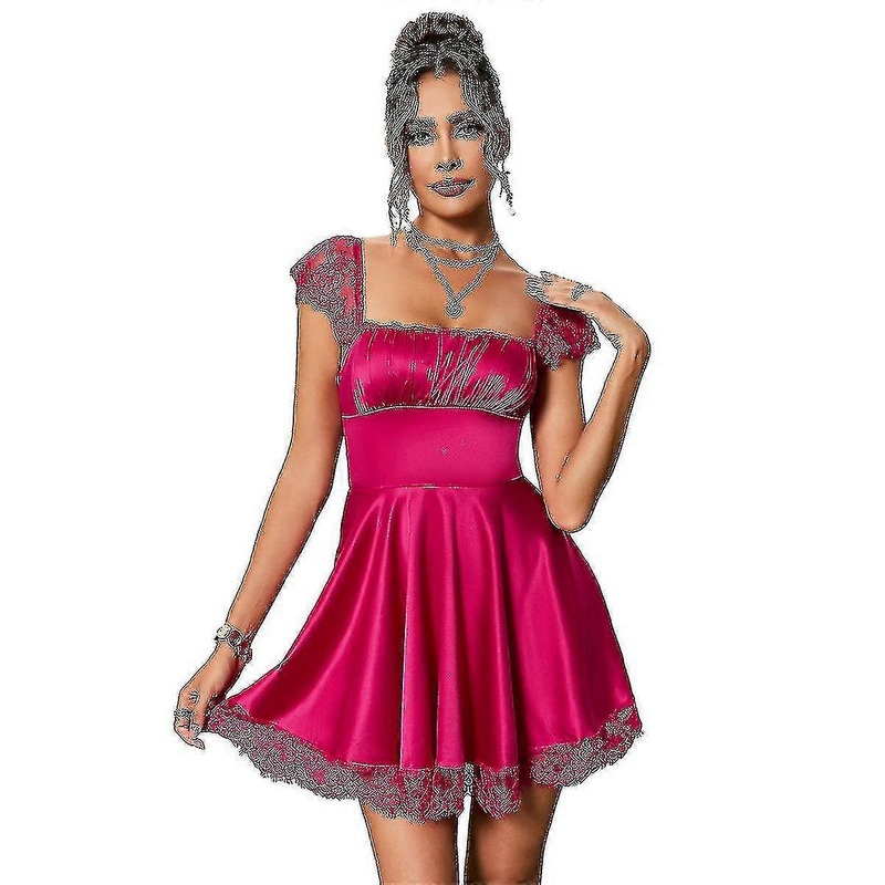 Women’s Satin Lace Straps A-line Ruffle Hem Ruched Cute Mini Dress | Fruugo SG