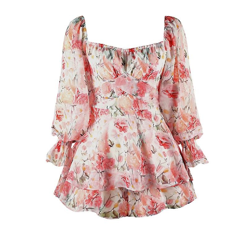 Women’s Summer Floral Print Romper Long Baggy Sleeves Double Layer Ruffle Hem Short Jumpsuits With Belt | Fruugo SG