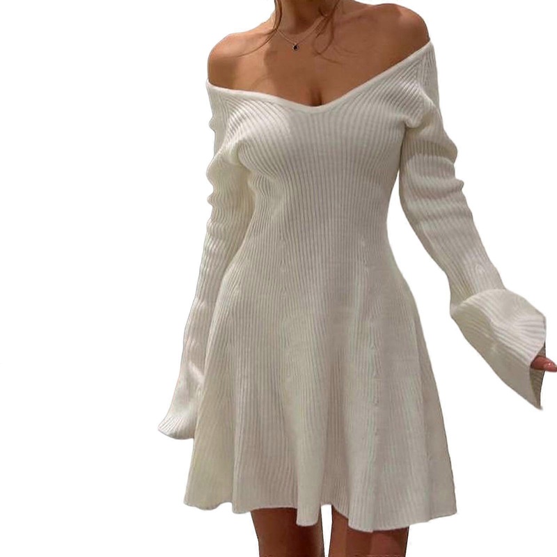 Women Sexy V Neck Rib Knitted Solid Long Sleeve Slim Mini Dress High Waist A Line Pleated Ruffle Swing Sweater Dresses  White S | Fruugo SG