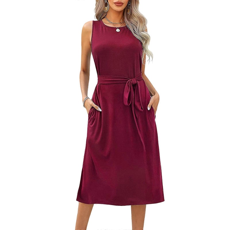 Women Summer Casual Sleeveless Crewneck Midi Long Tank Dress Solid Color Tie Waist Side Slit A-Line Dresses with Pockets  Burgundy XL | Fruugo SG