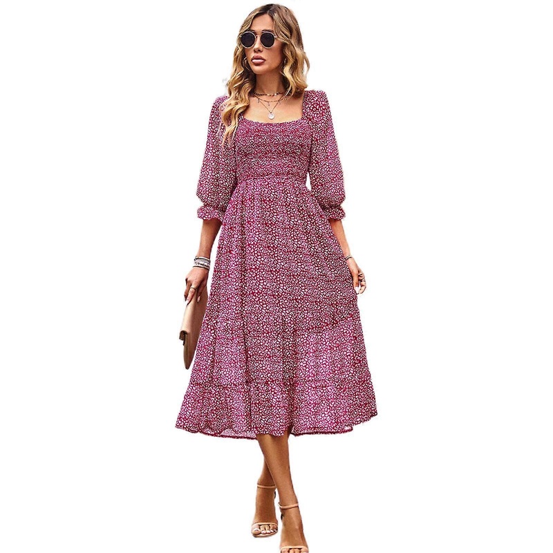 Women Summer Dress Square Neck Lantern Sleeve Dresses High Waist Casual Loose Floral Print Dress for Daily Office  Burgundy XL | Fruugo SG