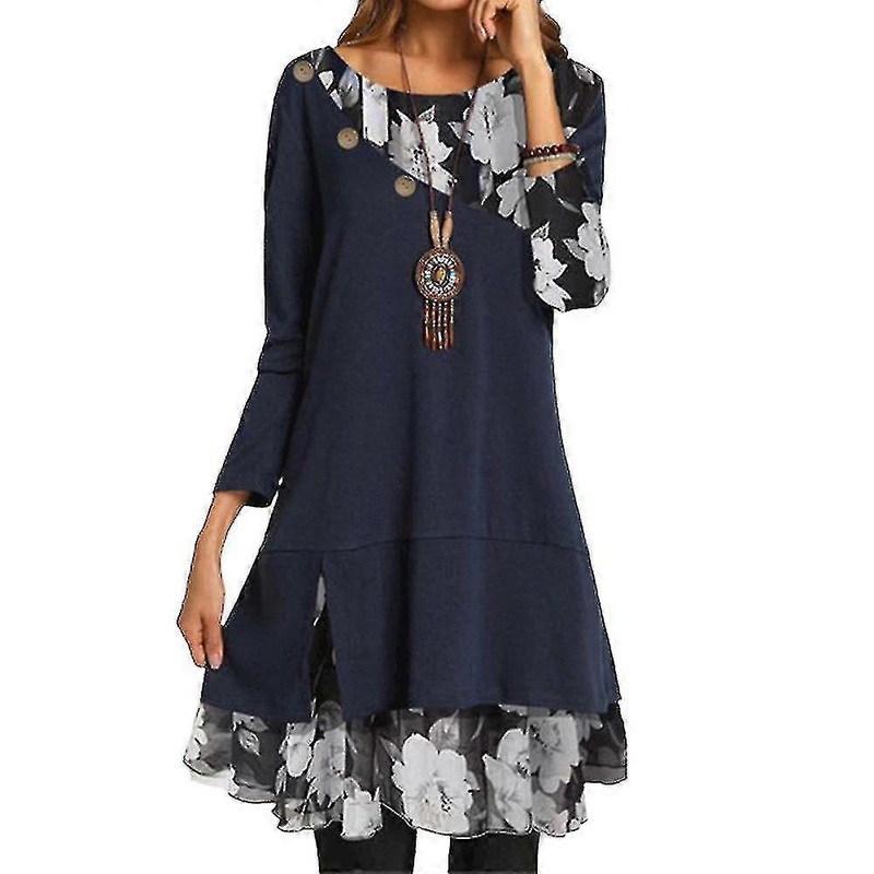 Womens Holiday Boho Floral Chiffon Patchwork Long Sleeve Dress Ladies Pullover | Fruugo SG