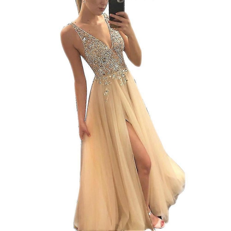 Womens Sequin V-neck Bridesmaid Dress Sleeveless Long Evening Prom Dresses | Fruugo SG