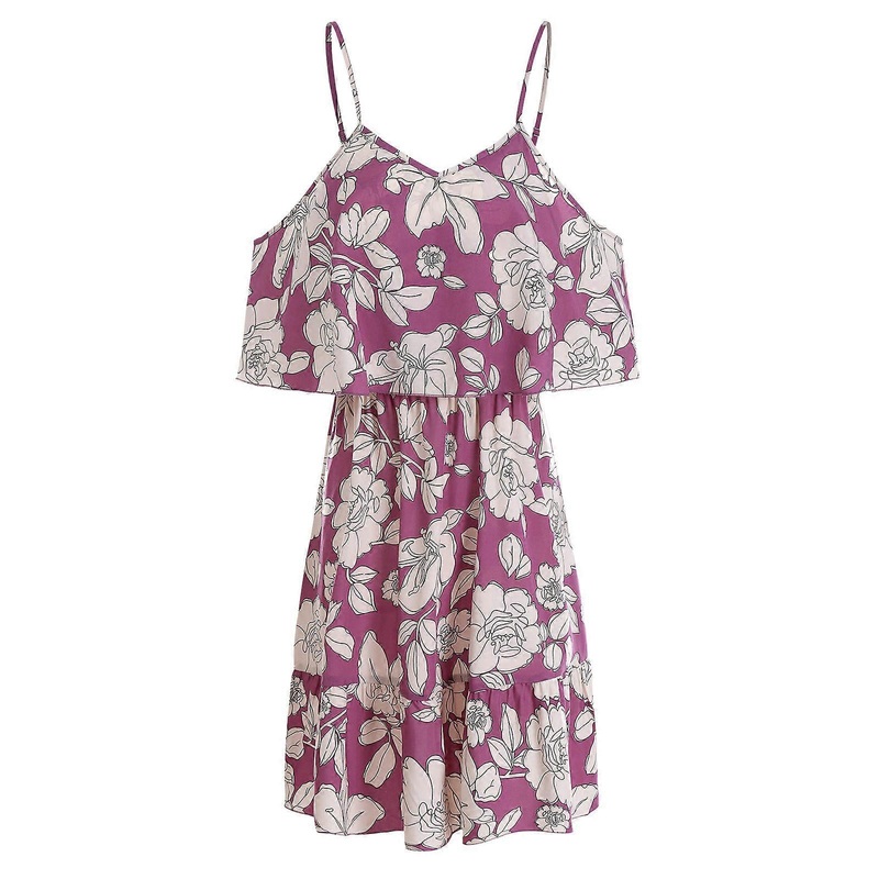 Womens Spaghetti Strap Short Dress Floral Cold Shoulder Above Knee Length Flared Hem Party Vacation Flowy Cami Sundress  Purple XL | Fruugo SG