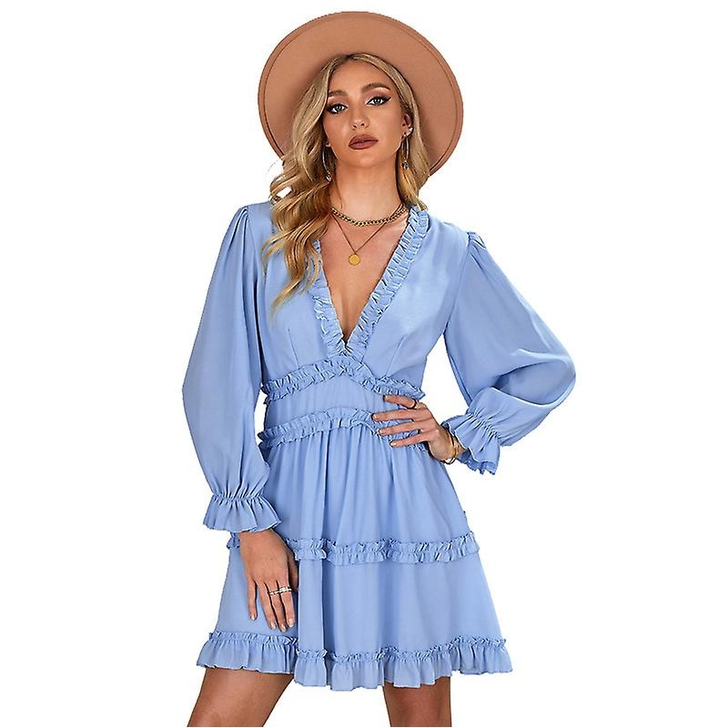 Womens Spring Summer Deep V Neck Ruffle Long Sleeve Floral Print Mini Dress | Fruugo SG