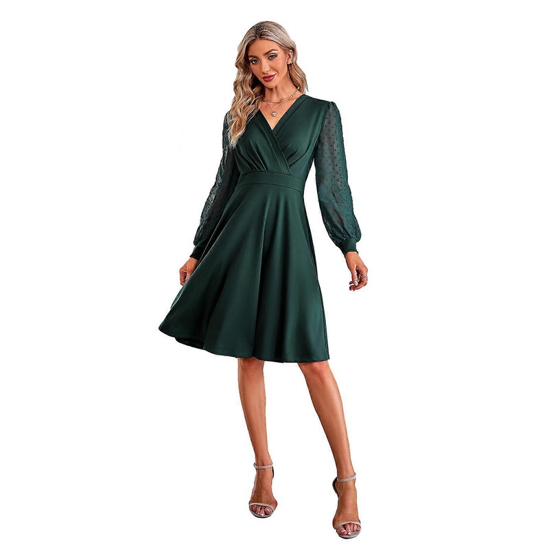 Womens Swiss-Dot Lace Splicing Long Sleeve Casual Wrap V-Neck Midi Swing Dress Solid Color High Waist A-Line Dresses  Green XL | Fruugo SG