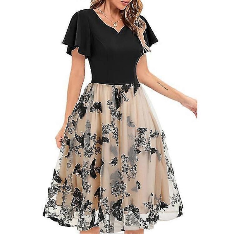 2024 Spring V-Neck Short-Sleeved Fashion Elegant Butterfly Mesh Embroidery Slim Dress For Women | Fruugo SG