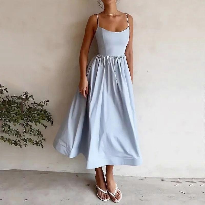 2024 Summer Women’s Solid Color Sexy U-Collar Waist Pleated Sling Dress | Fruugo SG
