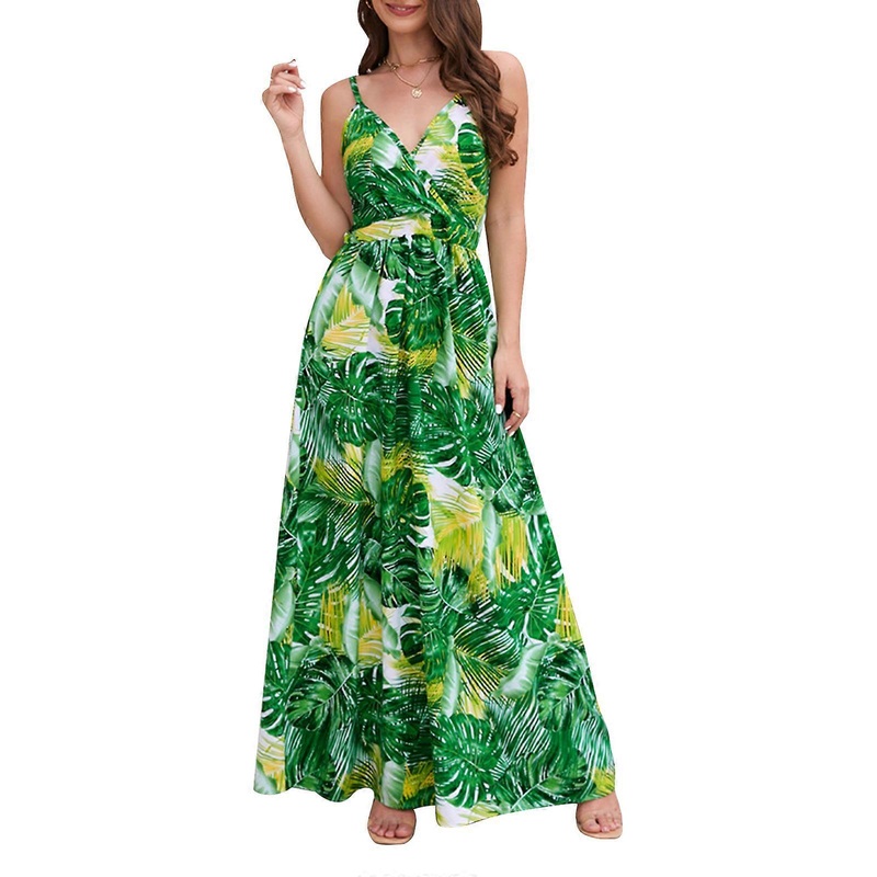 Boho Long Maxi Dress Summer Boho Maxi Dress Floral Maxi Dress Spaghetti Strap Deep VNeck Dress Bohemian Beach Dress  Green XL | Fruugo SG