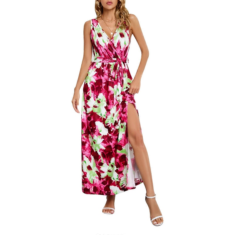 Boho Split Maxi Dress Summer Boho Maxi Dress Floral Maxi Dress ALine Long Dress Deep VNeck Dress Bohemian Beach Dress  Red XL | Fruugo SG