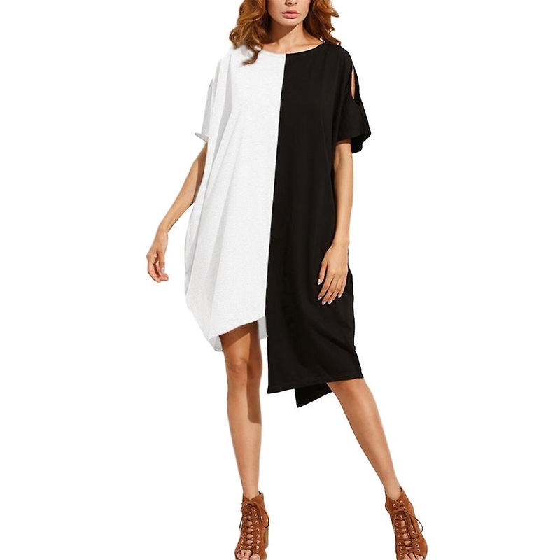 Casual Women Dual Color Cutout Short Sleeve Round Neck Asymmetric Midi Dress | Fruugo SG
