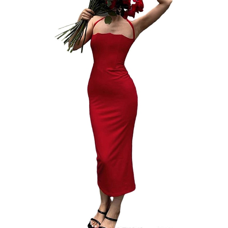 Fashionable Black Maxi Dress with Halter Neck Made of Milk Silk Showcases Feminine Charm Suitable for Trendy Women  Red S | Fruugo SG