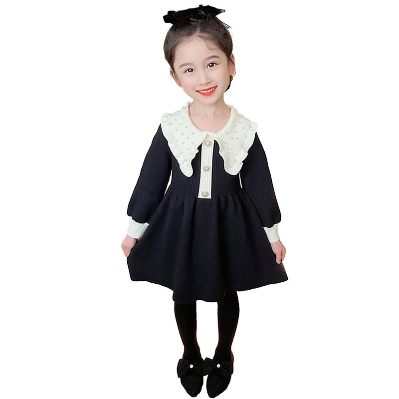 Girls Dress Doll Collar Luxury Sweet Faux Pearls Decor Contrast Color Long Sleeves Knee Length Ribbe | Fruugo SG