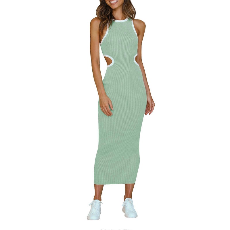 Long Dress Bodycon High Waisted Cloth Solid Color Sleeveless Crewneck Dresses Hollows Summer Streetwear for Women  light green XL | Fruugo SG
