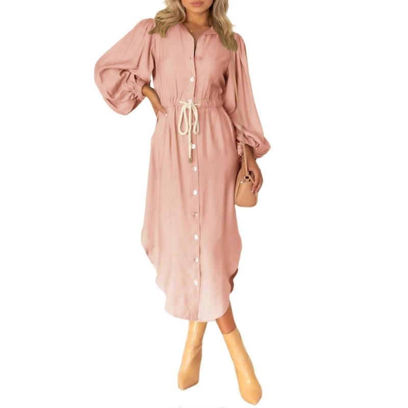 Long Sleeve Button Shirt Dress Casual Plain Dress Lady Long-sleeved Buttons Dress High Waist Solid Dress for Women  Pink XL | Fruugo SG