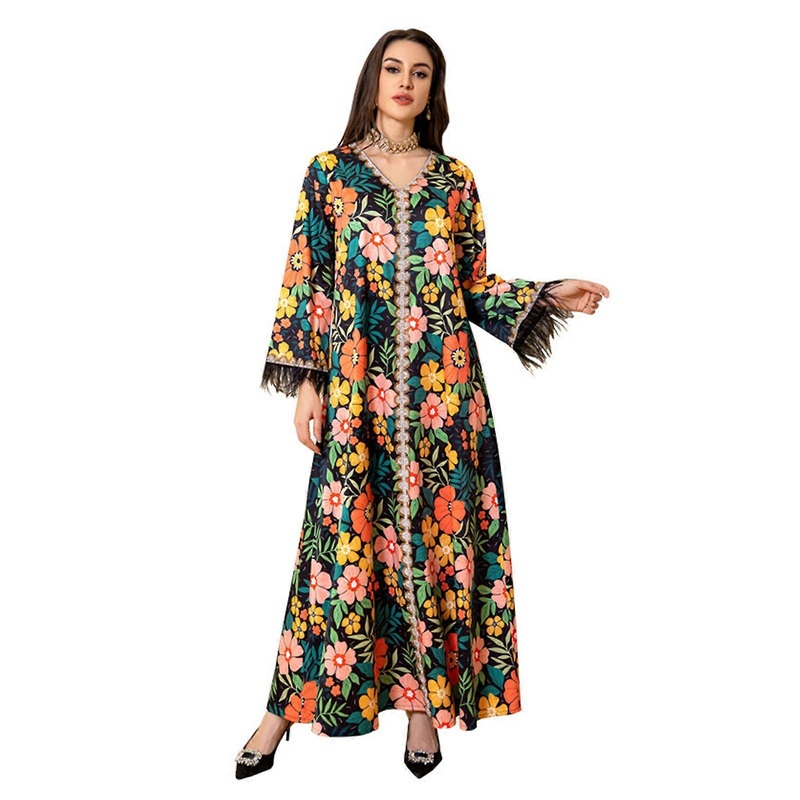 Muslims Thobe for Women Flower Printed Dress Female Full Length Dress Long Sleeves Dress Muslims Robe Middle East Thobe  Black XL | Fruugo SG