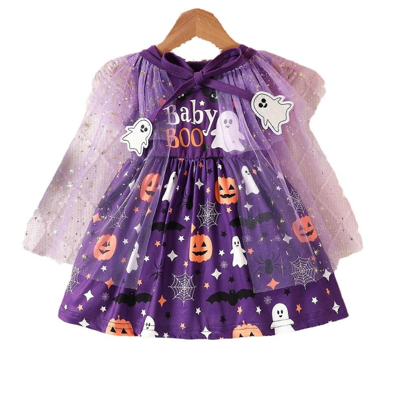 New Halloween Girls Toddler Pumpkin Ghost Print Vest Dress with Star Mesh Cape Set Dark Violet 1-6 Years | Fruugo SG