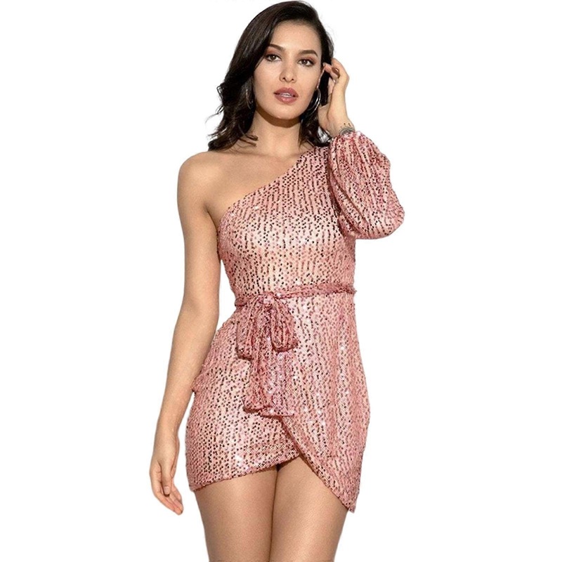 Sexy One Shoulder Bodycon Dress for Women Glitter Sequins Long Sleeve Belted Wrap Hem Cocktail Party Short Pencil Dress  Pink XL | Fruugo SG