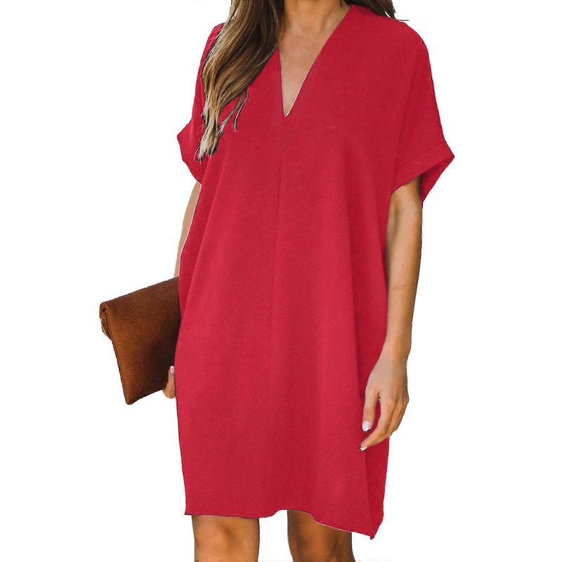 Spring Summer Womens Dresses Short Sleeve Mini Dress V Neck Casual Solid Loose Fit Dress  Red XL | Fruugo SG