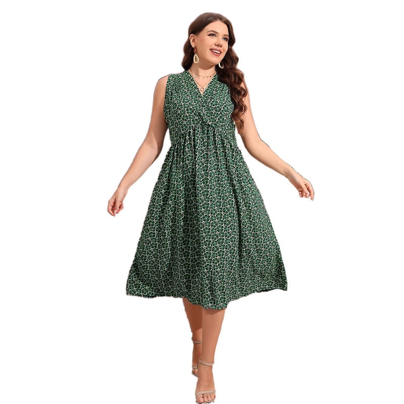 Vintage Casual Midi Dress Women Plus Size Flowy Large Hem V Neck Sleeveless High Waist Dress for Summer Cocktail Party  Green 5XL | Fruugo SG