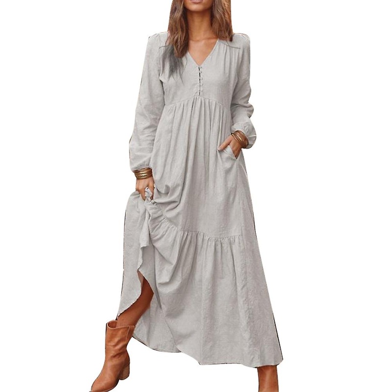 Vintage Solid Color Cotton Linen V Neck Long Sleeve Kaftan Women Maxi Dress | Fruugo SG