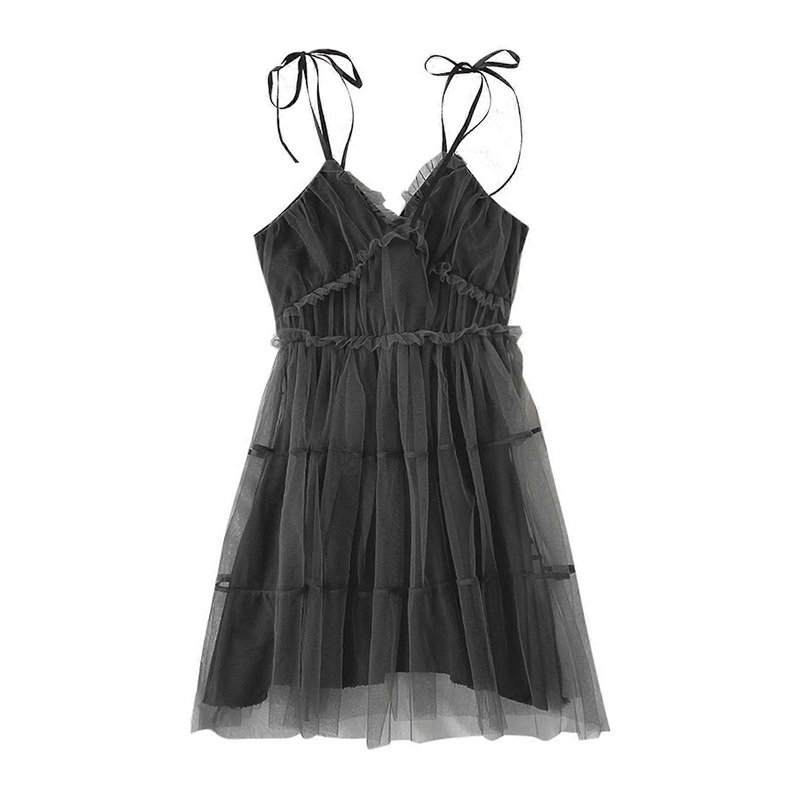 Women Dark Gothic Tie Spaghetti Strap Mini Flowy Cami Dress Harajuku Sexy Deep V-Neck Ruffled Mesh Patchwork Pleated High Waist Clubwear  L | Fruugo SG