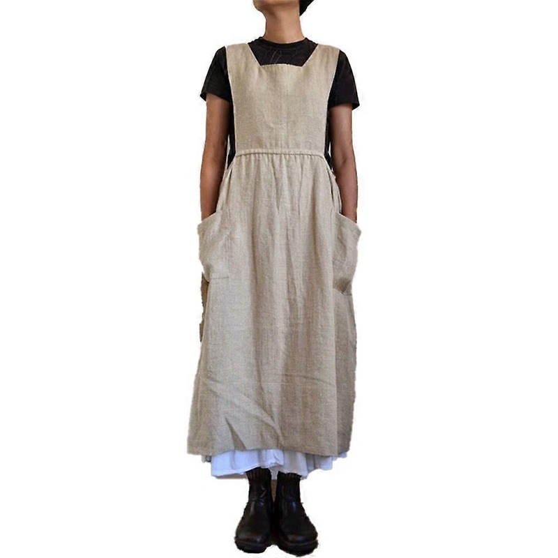 Women Dress Casual Loose Solid Pinafore Long Straps Apron Cotton Linen Overall Dresses with Pockets | Fruugo SG