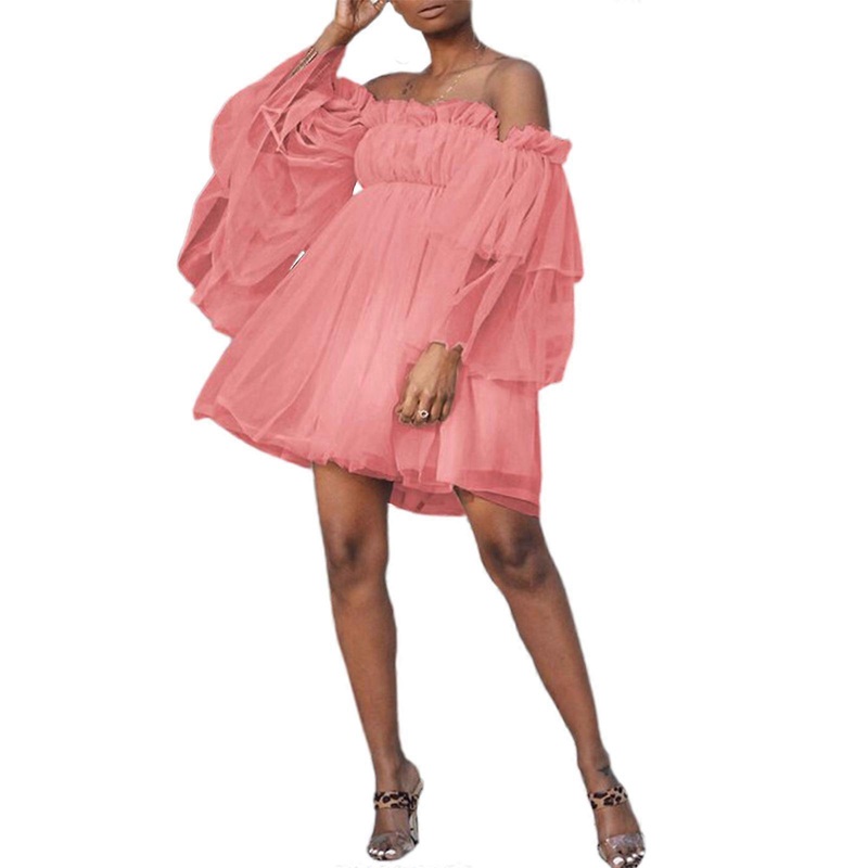 Women Elegant Ruffle Mesh Sexy Off Shoulder Mini Flowy Tulle Dress Flounce Long Sleeve A-Line Wedding Party Dresses  Pink XL | Fruugo SG