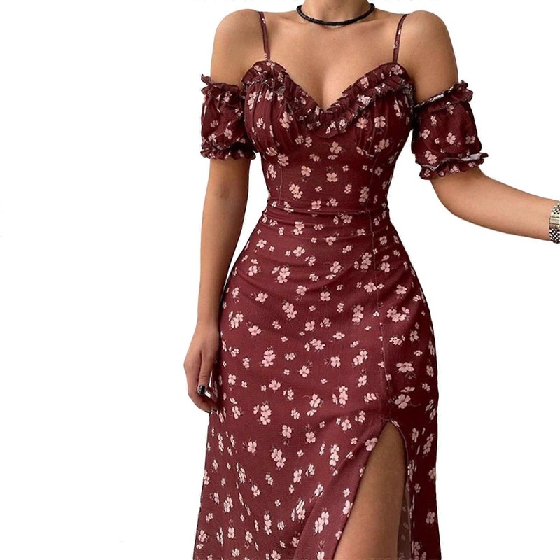 Women Floral Print Off Shoulder Split Long A-Line Dress  Burgundy XL | Fruugo SG