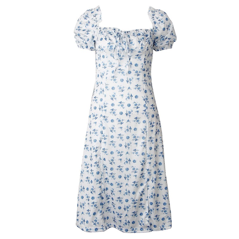 Women French Style Puff Short Sleeve Sqaure Neck Floral Midi Long Dress Tie Front High Split Ruched Drawstring Sundress  Blue S | Fruugo SG