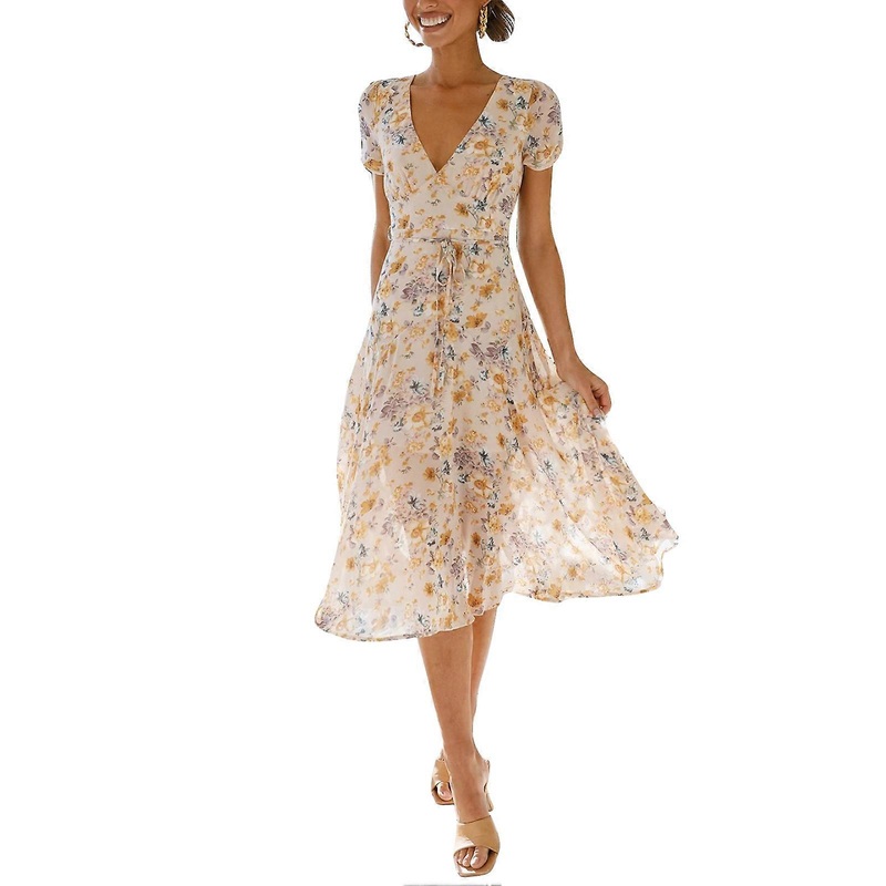 Women Midi Dress Floral Printing V Neck Waist Strap Back Zipper Closure Summer Short Sleeves Dress | Fruugo SG