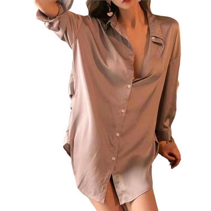 Women Nightdress Turn-down Collar Satin Long Sleeves Warm Loose Single-breasted Irregular Hem Sleepi | Fruugo SG