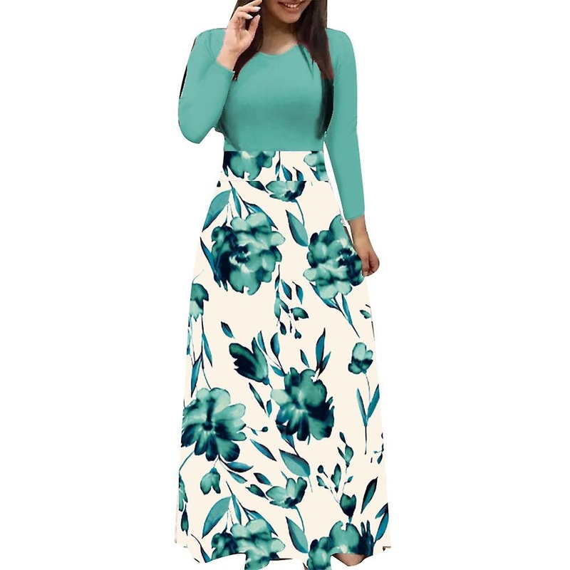 Women O Neck Long Short Sleeve Floral Print Large Hem Waist Tight Maxi Dress | Fruugo SG