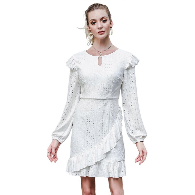 Women Puff Long Sleeve Keyhole O-Neck Hollow Out Lace Ruffle Splicing Midi Dress  White S | Fruugo SG