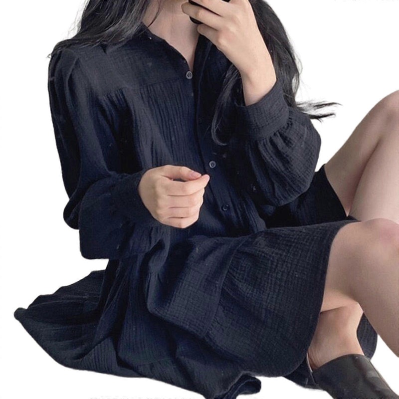 Women Puff Long Sleeve Ruched Textured Swing Babydoll Shirt Dress Lapel Collar Button Up Tiered Ruffle A Line Mini Dress  Black XL | Fruugo SG