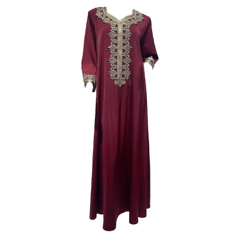 Women’s Colors Optional Casual Long Sleeve Embroidery Dress Loose Abaya Kaftan Ramadan Robes Moroccan Gowns for Party  Maroon XL | Fruugo SG